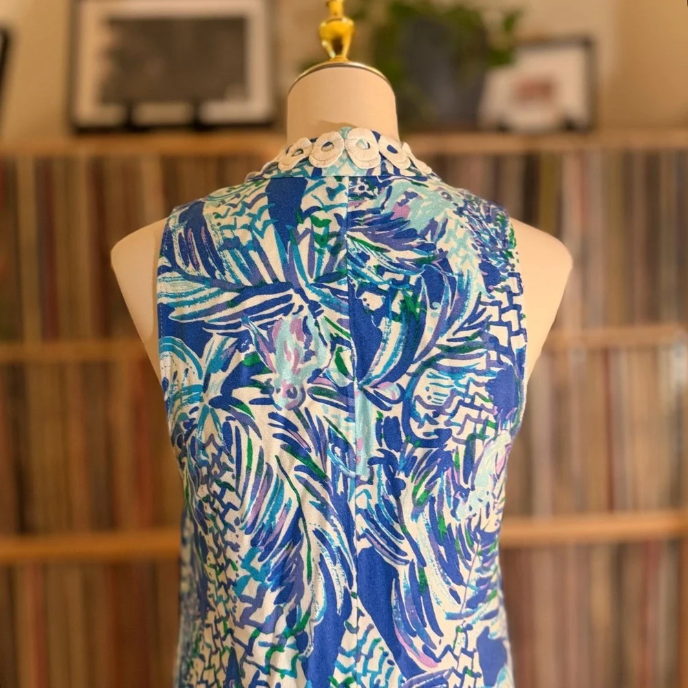 Lilly Pulitzer Jane Blue & Green Retro Size 6 Mod Dress White Trim Gold Zipper - Picture 6 of 9